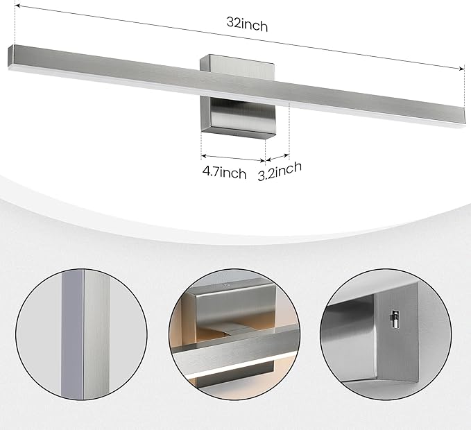 KAISITE Modern Bathroom Vanity Light 32 Inch - Brushed Nickel Fixture Over Mirror, Dimmable 5CCT LED Bar Light for Restroom
