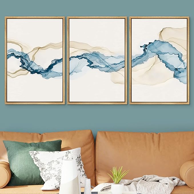 SIGNWIN Framed Canvas Print Wall Art Set Blue Tan Smoke Wave Landscape Abstract Shapes Illustrations Modern Art Decorative Contemporary Colorful for Living Room, Bedroom, Office - 16"x24"x3 Natural