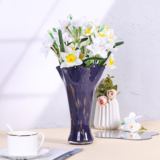 9.0" H Purple Glass Vases for Flowers, Unique Hand Blown Glass Vase Purple Home Decor, Wide Mouth Colorful Flower Vase Centerpieces, for Living Room Table Bookshelf, Bathroom Office Shelf Decorative