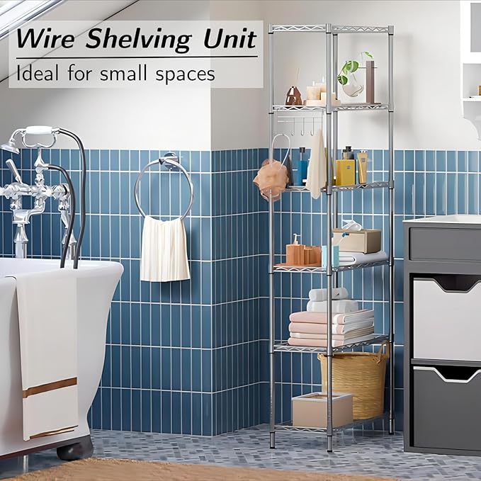 Homdox 6-Tier Storage Shelf Wire Shelving Unit Free Standing Rack Organization with Adjustable Leveling Feet, Stainless Side Hooks, Silver
