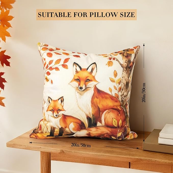 Animal Family Theme Fall Pillow Covers 20x20 Inch Set of 4, Burnt Orange Rust Decorative Autumn Thanksgiving Harvest Home Decor for Sofa Couch Living Room