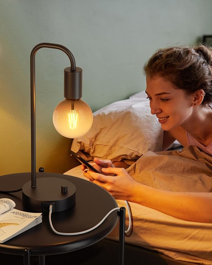 ONEWISH Industrial Table Lamp with 2 USB Port, Fully Dimmable Nightstand Bedside Lamps for Bedroom,Desk Lamps with 2700K Black Gradient Bulb for Reading Living Room,Office