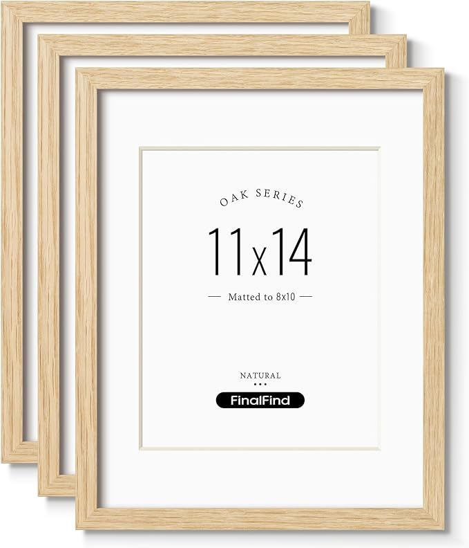 11x14 Picture Frame with Mat for 8x10 Set of 3, Natural Solid Oak Wood 11x14 Frame with Tempered Glass for Wall Mounting(3 Pack,Oak)