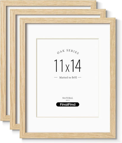 11x14 Picture Frame with Mat for 8x10 Set of 3, Natural Solid Oak Wood 11x14 Frame with Tempered Glass for Wall Mounting(3 Pack,Oak)
