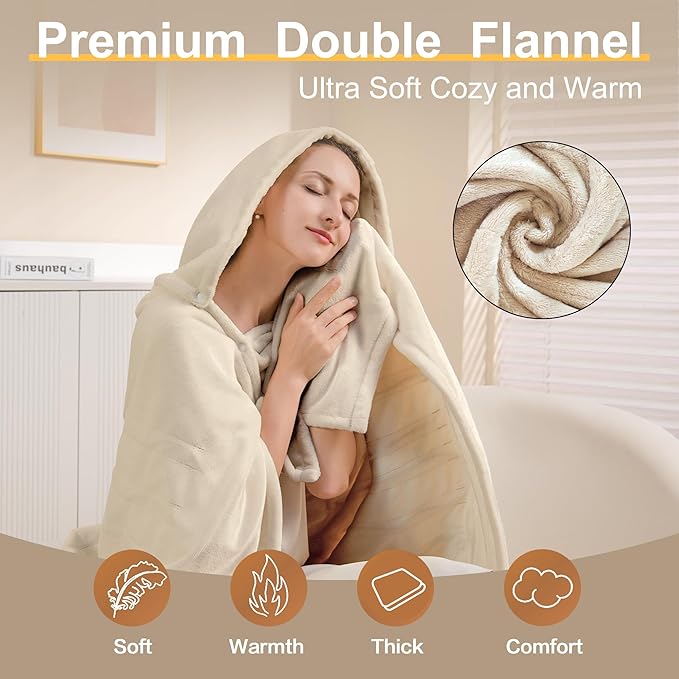 Gintao Heated Blanket Electric Throw with Detachable Hat&Snap Buttons,3 Heat Settings,4H Auto-Off, Perfect Electric Blanket Throw for Home Office,Gifts,Double-Layer Flannel, 50"x60", Beige