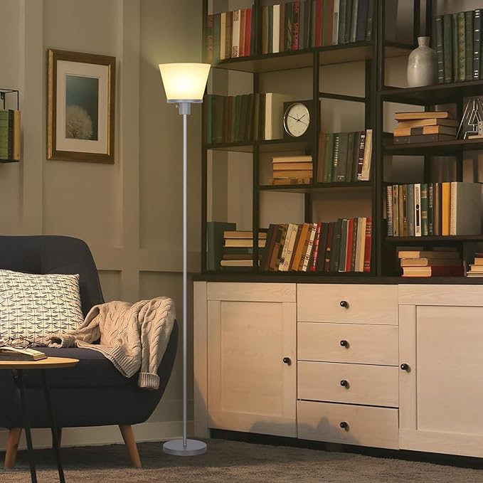 Standing Lamp for Bedroom, LED Modern Floor Lamp for Living Room Office, Sliver Tall Bright Floor Lamp with White Plastic Shade, Bulb Not Included.