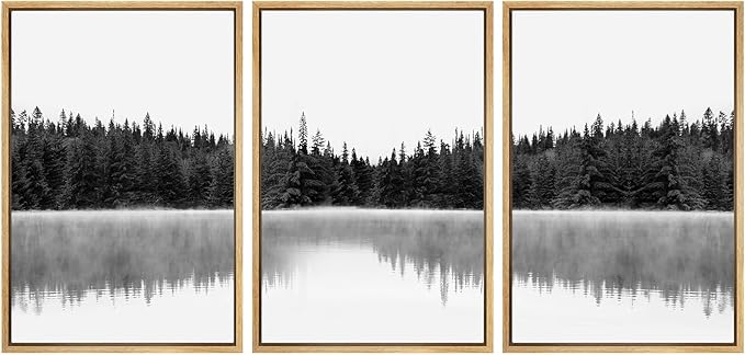 SIGNWIN 3 Piece Framed Canvas Wall Art Woodland Nursery Decor Black and White Forest with Lake Nature Abstract Traditional Home Artwork Decoration for Living Room,Bedroom - 24"x36"x3 Natural
