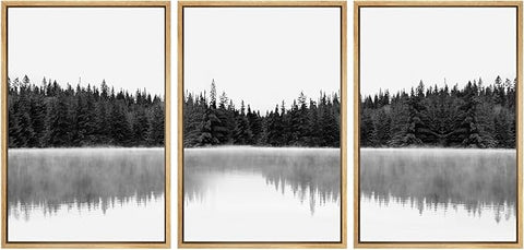 SIGNWIN 3 Piece Framed Canvas Wall Art Woodland Nursery Decor Black and White Forest with Lake Nature Abstract Traditional Home Artwork Decoration for Living Room,Bedroom - 24"x36"x3 Natural