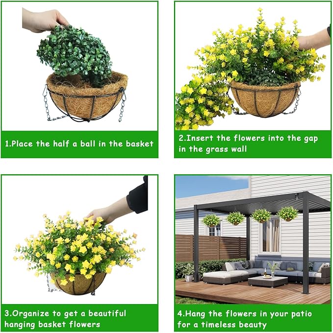 Artificial Hanging Flowers Basket, 12 UV-Resistant Bundles of Realistic Fake Flowers, Faux Plants for Outdoor Decor, Home, Garden, Porch, Patio, Spring & Summer Decorations, Yellow