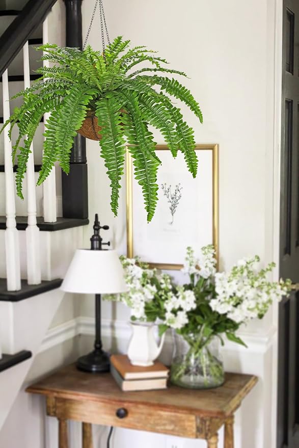 Fake Hanging Plants Large Boston Fern Artificial Plants Outdoor Realistic Fake Ferns with Palm Basket Silk Plants Ferns Hanging Plant Artificial Decor for Home Front Porch Window Garden - Green
