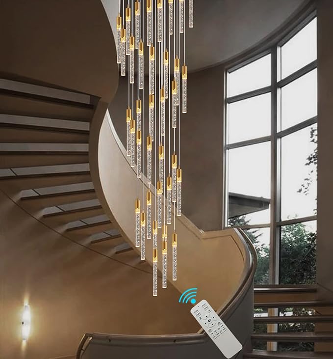Flashing God 12.5feet Long Staircase Chandelier Gold Bubble Crystal Bolumn Chandeliers Large Foyer Entrance Chandeliers for High Ceiling Big Crystal Chandelier LED Dimmable 2700K-6000K