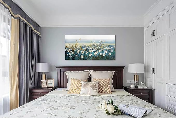 Arjun Flowers Wall Art Canvas White Daisy Floral Painting Blue Coastal Teal Landscape Picture Turquoise Textured Large Framed Artwork for Living Room Bedroom Bathroom Office Home Wall Decor, 48"x24"