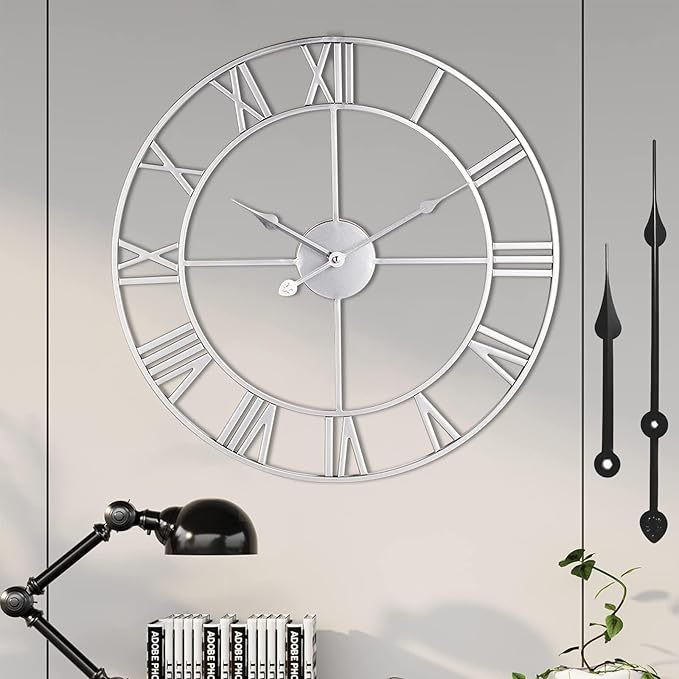 1st owned Large Wall Clock Silent Non-Ticking Roman Numerals Vintage Battery Operated (24 inch,18inch,16inch) Farmhouse Wall Clock for Living Room, Bedroom, Kitchen, Cafe Decor-Silver 40CM