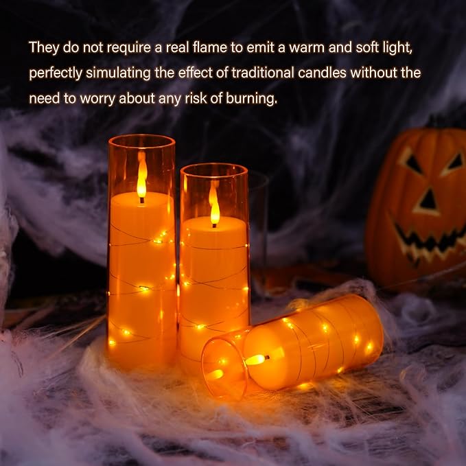 Flameless LED Candles with Timer 5 Pc Flickering Flameless Candles for Romantic Ambiance and Home Decoration Stable Acrylic Shell,with Embedded Star String，Battery Operated Candles（Orange）
