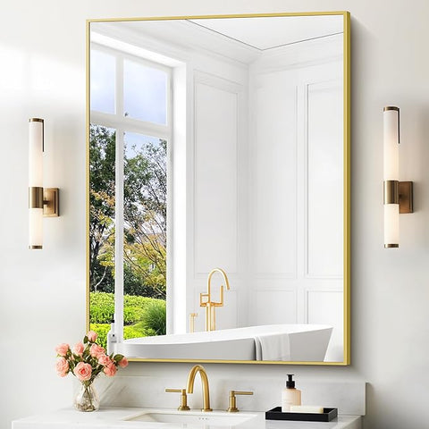 36x48inch Bathroom Mirror, Gold Rectangle Mirror with Thin Metal Frame, Large Rectangular Wall Mirror for Bathroom, Living Room, Hair Salon, Big Farmhouse Mirror Hang Horizontal/Vertical