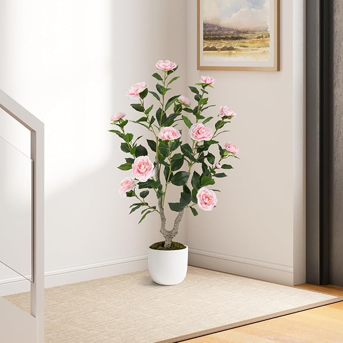 Goplus 36’’ Artificial Camellia Tree, Flower Plants Artificial Tree, Faux Floral Plant Blooming Tree in Nursery Pot, Greenery Potted Plant for Indoor Office Home Porch Decor, Pink