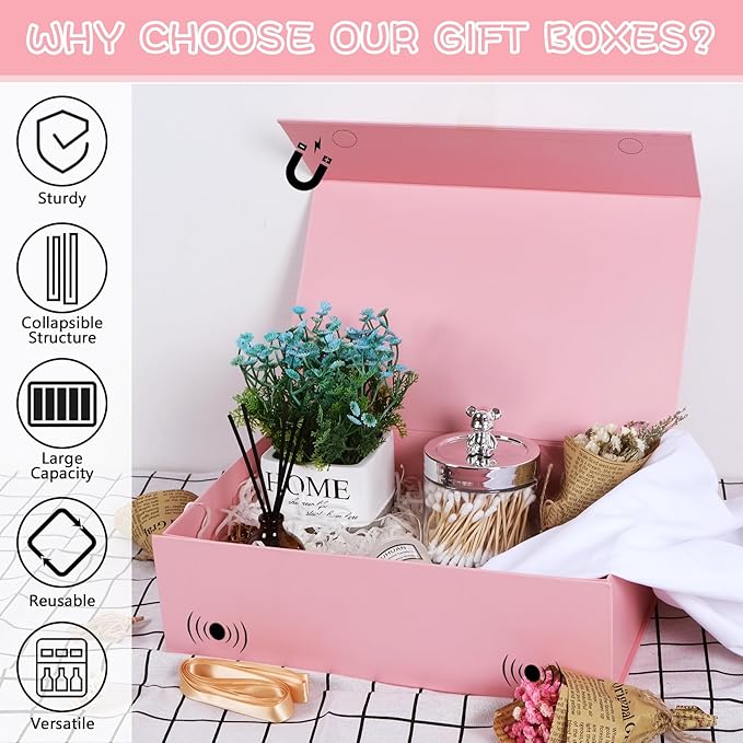 RayofSun Pink Gift Box,13.8" x 9" x 4.3" Large Groomsmen Proposal Box with Magnetic Closure Lid and Ribbon for Anniversary Wedding Birthday Graduation Festivals (3 Pack)