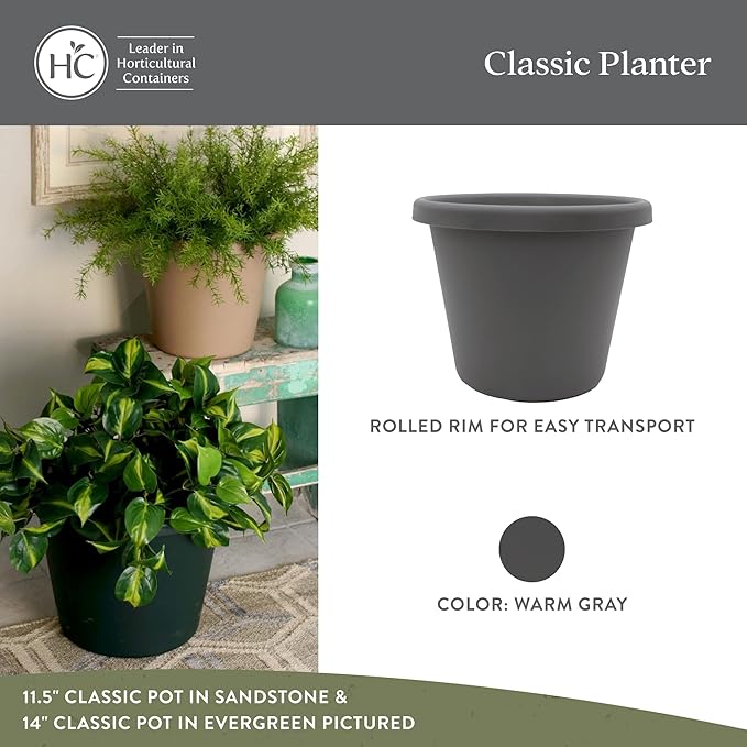 The HC Companies Classic Round Plastic Plant Pot w/Rolled Rim - Lightweight & UV Resistant Flower Pot for Herbs & More - Outdoor & Indoor Plant Pots w/Drainage (7 inch Warm Gray, Pack of 4)