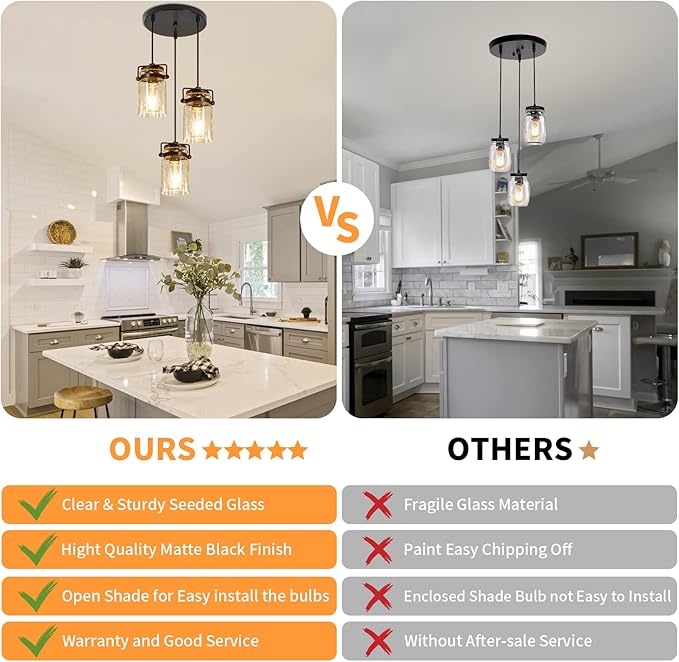 Kitchen Pendant Lighting Over Island 3 Pendant Lights Black Pendant Lighting Adjustable Farmhouse Ceiling Light for Kitchen Island Dining Room Bedroom Living Room
