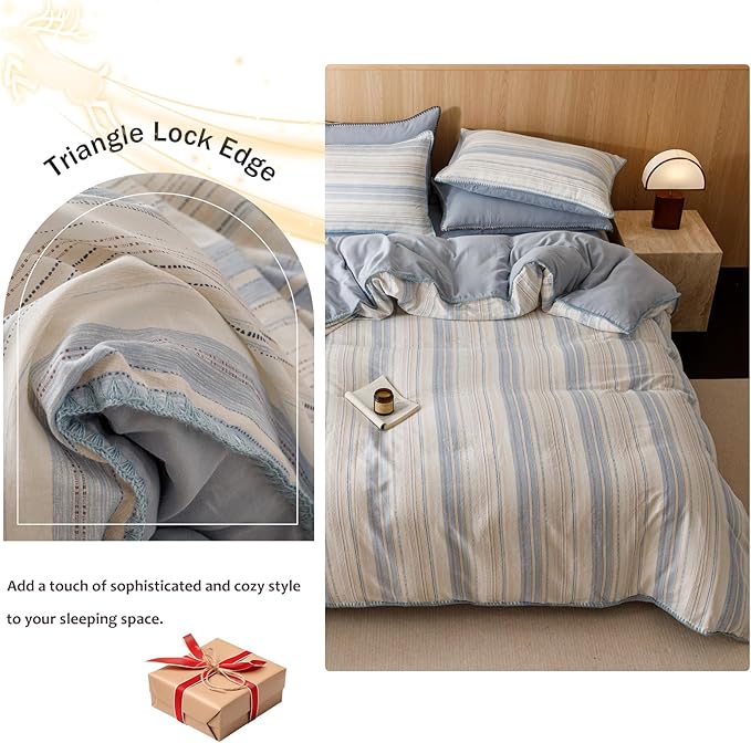 VM VOUGEMARKET Pinstripes Duvet Cover Set Queen 3 Pieces Muslin Cotton Bedding Set with Zipper Closure,Blue White Stripes Duvet Cover Queen Size(No Comforter)