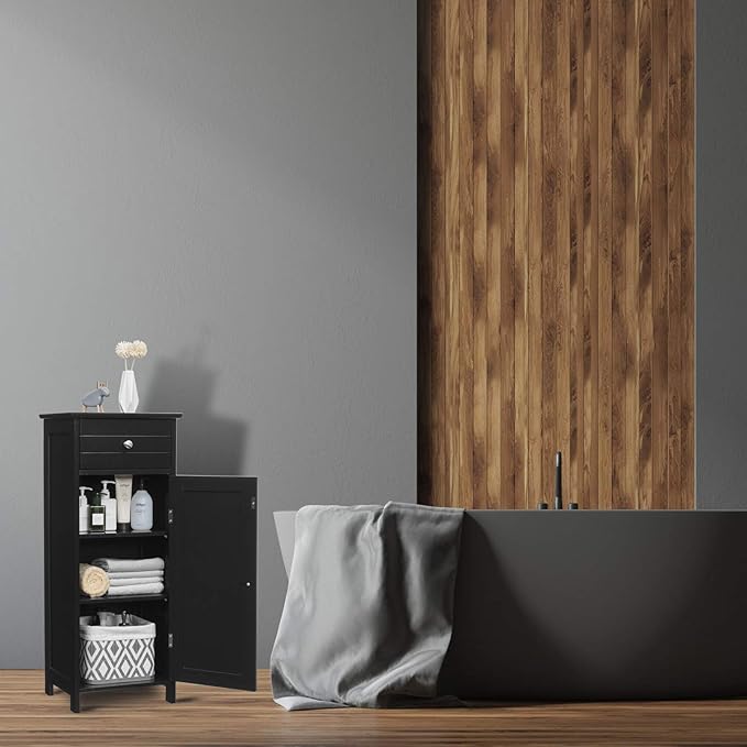 GLACER Floor Storage Cabinet, Multifunctional Bathroom Storage Cabinet with 2 Adjustable Shelves, Ideal for Bathroom, Living Room, 14 x 12 x 34.5 inches (Black)