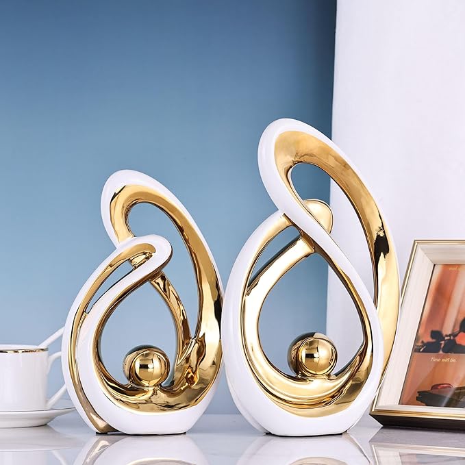 Home Decor Accent,Porcelain Art Mid Century Bookshelf Decorations,Gold Centerpieces for Tables,Abstract Ceramic Statue Sculpture for Coffee Table Mantel Tv Stand Centerpieces (White Gold, Large)