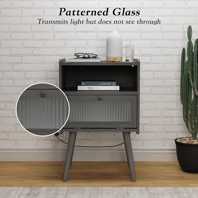 Mid Century Modern Nightstand with Charging Station, Bedside Tables with Glass Door, End Table Side Table with 2 Tiers Storage Space, for Bedroom, Living Room, Dark Grey