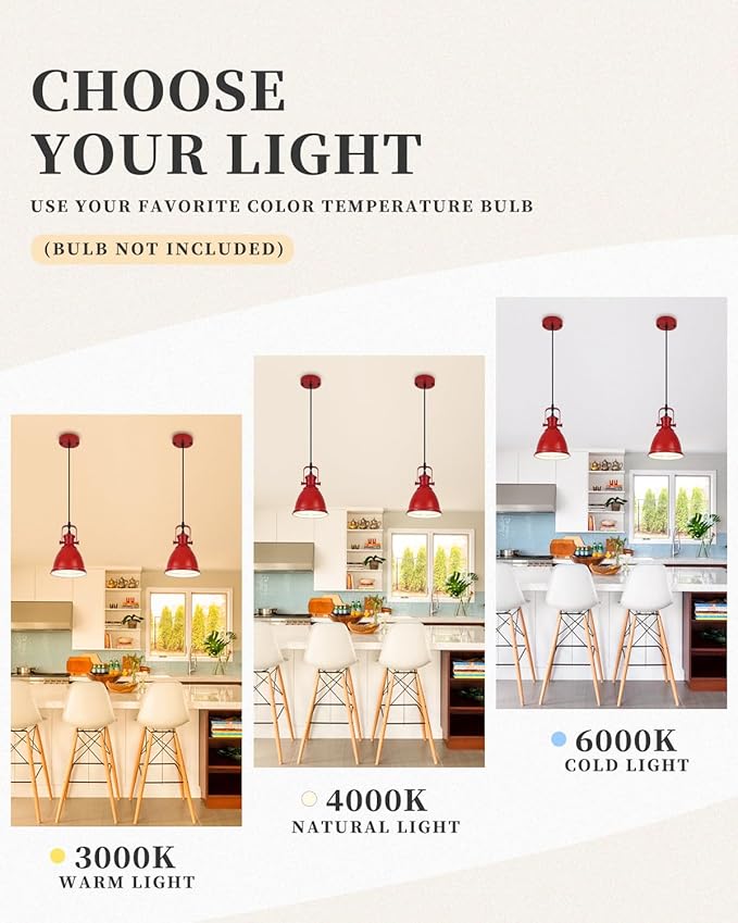 Red Pendant Lights Kitchen Island 3 Pack, Vintage Pendant Light, 6.5’’ Farmhouse Pendant Light Fixtures, Adjustable Height, Pendant Lighting for Dining Room, Living Room, Sink, Bar