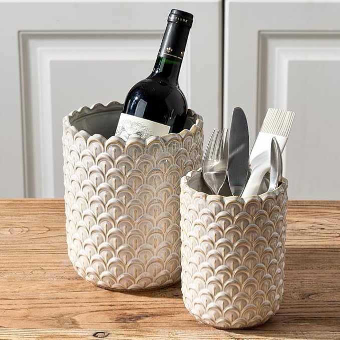 JIEMEI HOME Kitchen Utensil Holder, Large 7.5"+6.2" Petal Ceramic Utensil Crock for Countertop, Utensil Holder with Cork Mat, Morden Utensil Organizer for Spatula, Kitchen Decor, Set of 2, Off-white