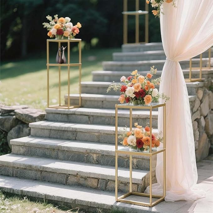 2-Tier Metal Flower Stand Set with Acrylic Shelves, Geometric Display Rack for Wedding Centerpieces, Party Decor, Tall Floor Vase Stand (Gold, Set of 3-36.8"/32.9"/25")