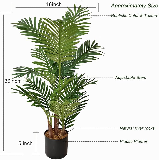 Artificial Aproximately 36" Areca Palm Tree, Faux Palm Tree Pot, Artificial Palm Trees for Home, Office, Living Room, Kitchen, Bedroom, Balcony Decor, Indoor Outdoor Perfect Housewarming Gift.