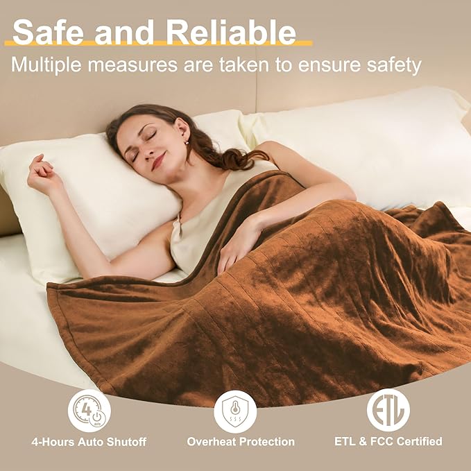 Gintao Electric Heated Blanket, 50"x60" Double Soft Flannel Electric Blanket Throw with 3 Heating Levels,ETL&FCC Certified,4H Auto Off Heating Blanket&Overheat Protection for Home Office,Gifts,Brown