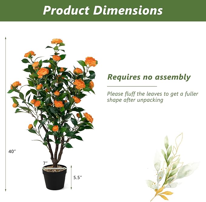 Goplus 40” Artificial Camellia Tree, Flower Plants Artificial Tree, Faux Floral Plant Blooming Tree in Cement Pot, Greenery Potted Plant for Indoor Outdoor Office Home Porch Decor, Free Maintenance