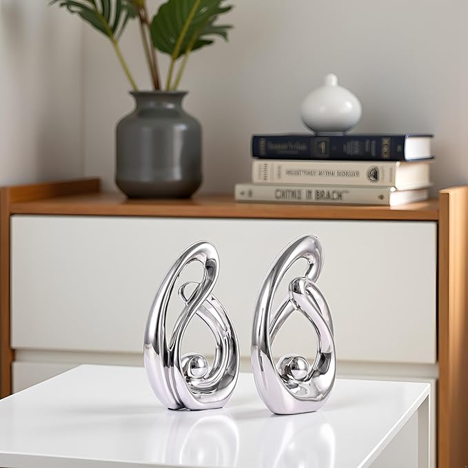 XMGZQ Home Decor Accent,Porcelain Art Mid Century Bookshelf Decorations,Gold Centerpieces for Tables,Abstract Ceramic Statue Sculpture for Coffee Table Mantel Tv Stand Centerpieces (Silver, Small)