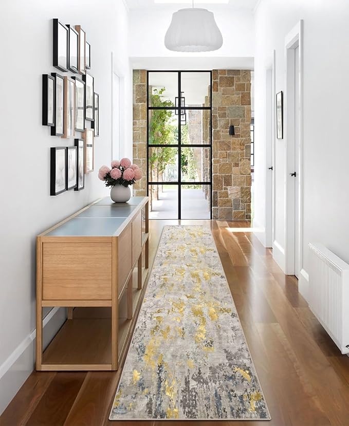 vivorug Runner Rug 2'x8' Machine Washable Non-Slip Runners for Hallways Kitchen Entryway Laundry Room Modern Abstract Carpet Hallway Runner Grey/Mustard