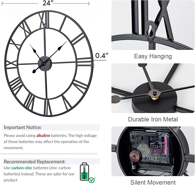 Large Wall Clock for Living Room Decor – 24 Inch Silent Non-Ticking Modern Farmhouse Wall Clock, Oversized Decorative Metal Roman Numeral Clock, Black
