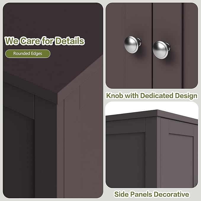 Nuturelly Bathroom Floor Storage Cabinet, Freestanding Pantry Cabinets with 4 Doors & 3 Adjustable Heights, Bathroom Organizers and Storage with Waterproof Board & Metal Handles for Kitchen, Brown