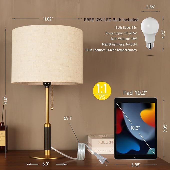 21" Modern Table Lamp Bedside Lamps for Bedroom Living Room Nightstand Lamp for End Tables 3-Color Temperatures Pull Chain Switch Wood Fabric for Home Office Desk Decor (Light Brown+Brass)