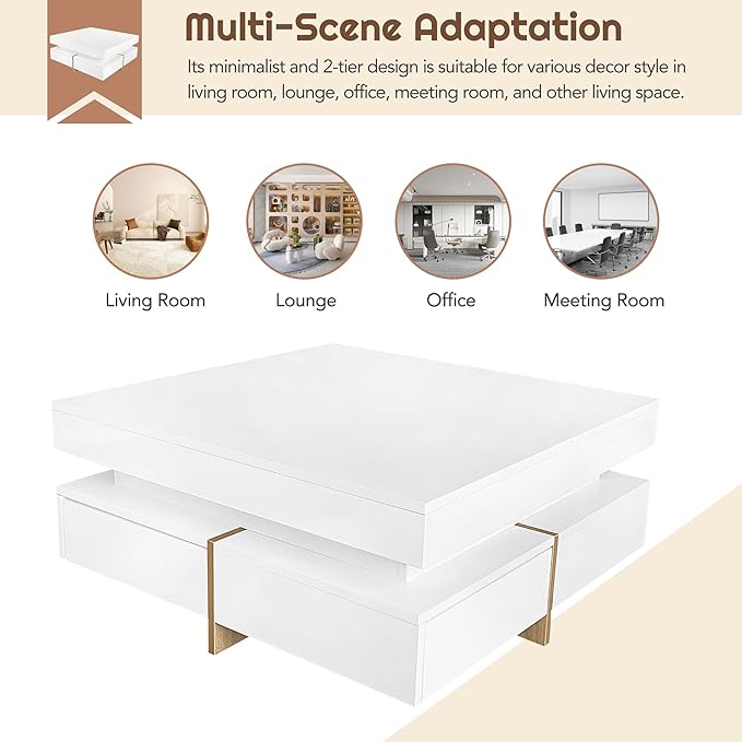 Modern Coffee Table with Storage, Contemporary Square Coffee Table with Drawers, High Gloss Modern Center Table for Living Room, Reception Room, Office, White, 31" D X 31" W X 11" H