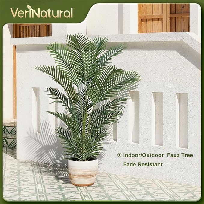 Artificial Palm Tree, 5FT Tall Fake Palm Trees with UV Resistant Leaves, Potted Faux Areca Palm Plant for Indoor Outdoor, Large Floor Plants for Home Living Room Porch Decor, VN125