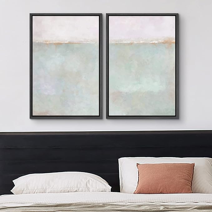 MUDECOR Framed Canvas Print Wall Art Set Watercolor Pastel Blue Gray Landscape Abstract Shapes Illustrations Modern Art Decorative Contemporary for Living Room, Bedroom, Office - 24"x36"x2 Black