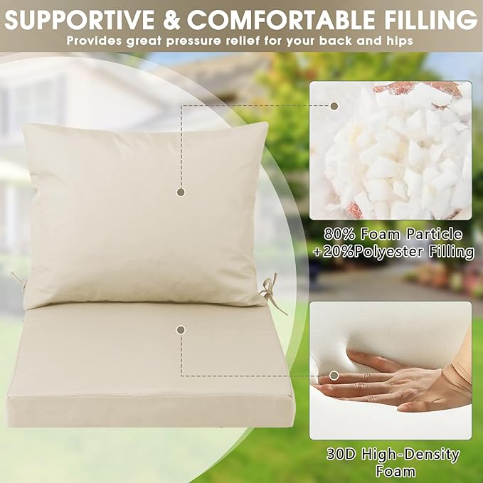 Outdoor Seat Cushion Set 19 x 19 In, Water-Resistant & Fade-Resistan, Patio Furniture Cushions with Removable Cover Deep Seat & Back Cushion with Handle and Adjustable Straps for Chair Sofa,2PC