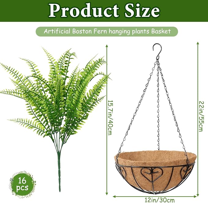 KHOYIME Artificial Hanging Plants with Basket 2PCS Fake Boston Fern Baskets, Outdoor Faux Greenery Stems Hanging Decor UV Resistant Indoor Outside Decorations for Home Garden Porch Balcony Patio Yard