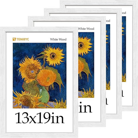 13x19 Picture Frame 4 Pack, Textured White Wood & HD Tempered Glass, Gallery Poster Frame - Vertical & Horizontal Wall Hanging