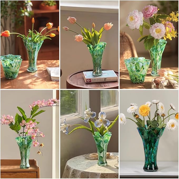 Green Blown Glass Vase for Flowers, 8.5" Wide Mouth Teal Vase for Home Decor, Modern Art Flower Vases Decorative | Table Centerpiece, Wedding, Living Room, Bookshelf, Entryway | Gift for Women Mom