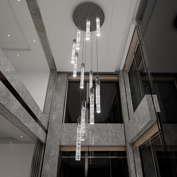 Flashing God Modern LED Chandelier, 10 Lights Black Dimmable Pendant Light with Remote High Ceiling Chandelier for Staircase Living Room Hallway Foyer