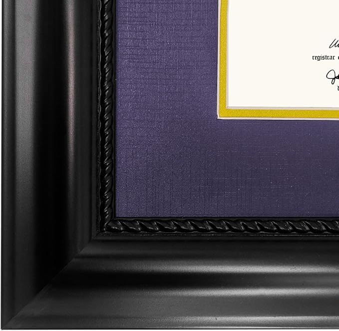 11x14 Diploma Degree Frame with Purple Mat or Display 15x18 Certificates without Mat,Solid Wood,Black Finish with Intricate Black Rope Detail,UV Protection Acrylic