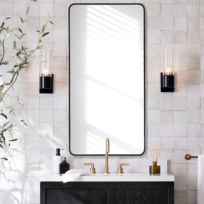 24x40 Inch Rectangle Bathroom Mirror with Black Metal Frame, Rounded Corner Rectangular Vanity Mirror for Wall, Modern Large for Bedroom, Living Room, Horizontal or Vertical