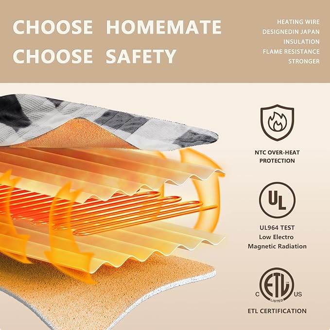 Homemate Electric Blanket Heated Throw - 50“x60“ Ultra Soft Cozy Flannel Heating Blanket with 10 Fast Heat Levels 8 Hours Auto Off Over-Heated Protection ETL Certification Keep Warm in Home Office