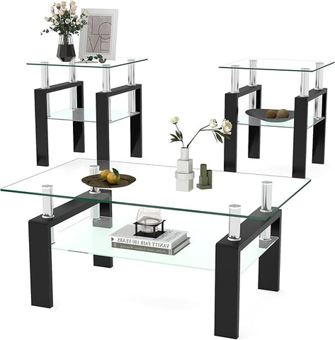 IANIYA 3 Piece Living Room Table Set, Modern Tempered Glass Coffee Table Set, Glass Coffee Table Black Metal Frame End Table for Living Room Apartment Small Space, Clear